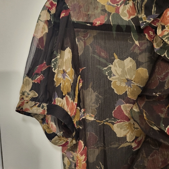 Ralph Lauren Sheer Ruffle Blouse Brown Floral Size Medium - Picture 5 of 9